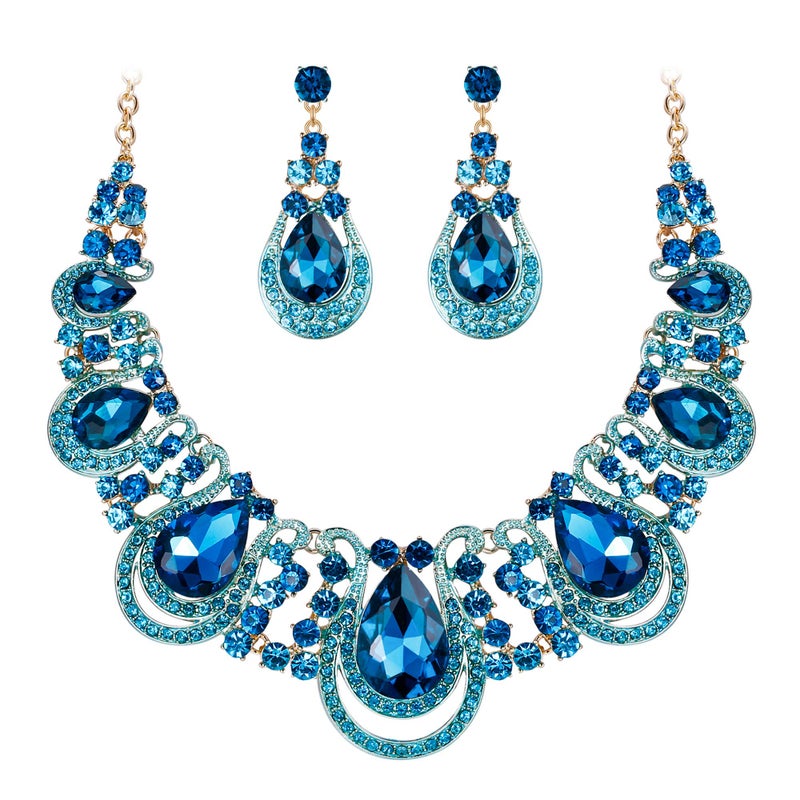 BriLove Costume Fashion Jewelry Set for Women Crystal Teardrop Hollow Scroll Statement Necklace Dangle Earrings Blue Topaz Color Gold-Toned - Image 1